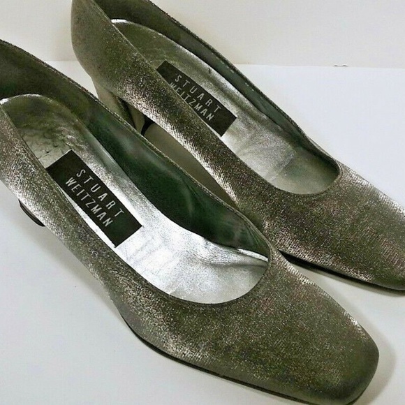 Stuart Weitzman Pewter Silver Satin Shimmer Heels - Picture 2 of 8